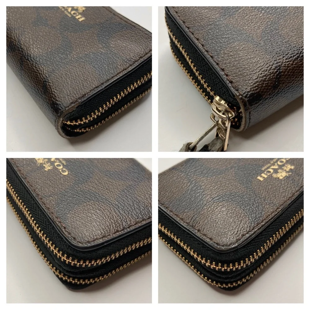 COACH F63975 Chocolate Espresso Leather Signature Double Zip Coin Case Bag_4